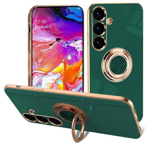 EYZUTAK Electroplated Magnetic Ring Holder Case for Samsung Galaxy S23 FE 5G, 360 Degree Rotation Metal Anti-fall Finger Ring Holder Magnet Car Holder Slim Soft Silicone Shockproof Cover - Dark Green