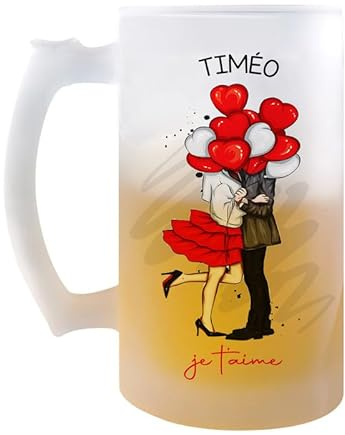 Planetee Chope Timéo Je t'aime Ballon | Verre à Bière Pression Pinte Couple Saint Valentin Mariage Fiançailles Anniversaire Cadeau Romantique