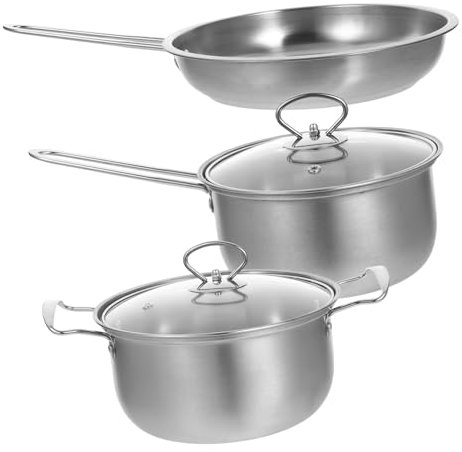 Mikinona Kochgeschirrset Edelstahl 3 Stück Suppentopf Milchtopf (18 Cm) Bratpfanne (24 Cm) mit Stahlgriff Vielseitig für Küche und Haushalt Robust Leicht zu Reinigen
