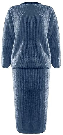 Rockanzug für Damen und Mädchen, 2024, Kleidungsset für Damen, langärmelig, modisch, halblanger Kragen, Pullover, kurzer Rock, einfarbig, Strickset, Rock, Hose, Damen, elegant, blau, 38