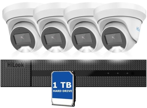 HiLook Home Security Camera System 4-ch 3k DVR 1U H.265 with Hard Drive and CCTV 4x 3K Full Color in Night, Audio Fixed Turret Camera, Motion Detection, IP66 (1 TB)