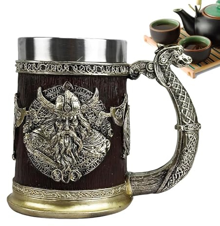 Generisch Nordischer Wikinger-Bierkrug, bronzefarbener nordischer Wikinger-Krieger-Drachenschiff-Krug, Bierkrug für Gothic-, tolles Geschenk für Männer
