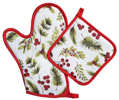RICAMI FIORENTINI BALDI Set natalizio guanto da forno e presina, disegno vischio, Idea regalo Natale. Made in Italy (guanto + presina)