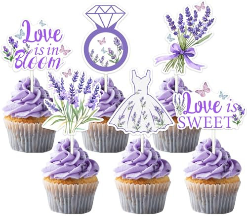 JOYMEMO 36 Pcs Lavendel Braut Dusche Cupcake Toppers, lila Blume Bachelorette Party Dekorationen Cupcake Picks, lila Blumen Ring Kleid Schmetterling liefert Frauen