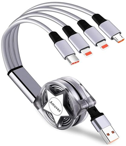 Amuvec Multi USB Mehrere Kabel 3A 1M, 4 in 1 Einziehbares Universal Ladekabel mit 2*iP Typ C Micro USB Anschluss, für Phone, Samsung Galaxy S23 S21 S10, Huawei, LG, Xiaomi, Pixel, Sony, PS5