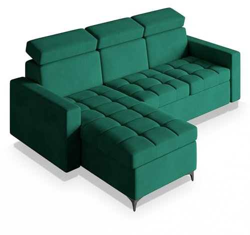 Masseno Ecksofa Kame mit Schlaffunktion L-Form, Sofa mit Bettkasten, Wohnzimmersofa, Couch, Soffa, Bettsofa, Couchgarnitur- Grün, Kronos 19