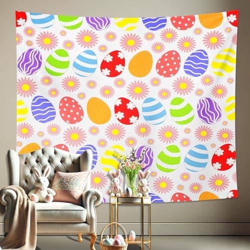 Osterei-Wandteppich, farbenfroher Frühlings-Wandbehang mit Blumen, dekorativer saisonaler Wandteppich für Wohnzimmer, Schlafzimmer, Wohnheim, lustige Heimdekoration, 152,4 x 127,7 cm