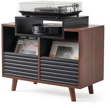 NorStone Meuble Platine vinyle OSLO 800– Rangement vinyle – Electroniques Hifi – 2 tiroirs de rangement – Finition Noir/Noyer - 80 x 64 x 40 cm