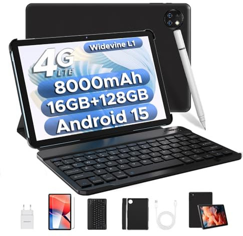 DOOGEE T10W Android 15 Tablet 10 Pulgadas con 16GB RAM+ 128GB ROM(TF 2TB), 8000mAh Batería Tablet con Lapiz y Teclado, Dual SIM 4G/Face ID/5G WiFi/BT5.0/OTG/Widevine L1