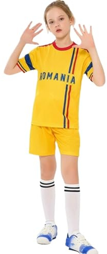Bolognifi Maglia da Calcio for Bambini Coppa Europa/America T-Shirt Ragazzi Ragazze Sport Calcio Mezze Maniche Pantaloncini Set(Romania,11-12A)