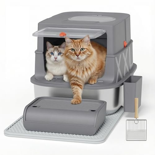 Edelstahl Katzenklo mit Deckel, Geruchsfreie Geschlossene Katzentoilette für Große Katzen, Leicht zu Reinigen Abnehmbares Metall Katzen Klo mit Metall Schaufel, Sieb-Trittbrett und Anti-Streu-Matte