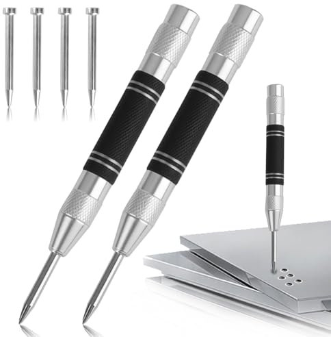 2Pcs Automatic Centre Punch Set, Adjustable Spring Loaded Metal Punch Tool with 4 Replacement Tips, Heavy Duty Center Punches for Metal Glass Wood Steel Precision Marking Tool for DIY & Drilling
