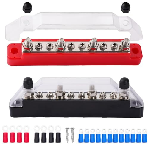 Aigreat Bus Bar Power Distribution Block, 12V-48V 150A Busbar Terminal Block with 4 x M6 Studs 6 x M4 Terminal Screws, Black Red Battery Busbar with Cover and Ring Terminals for Marine/Car/Boat/RV-10B