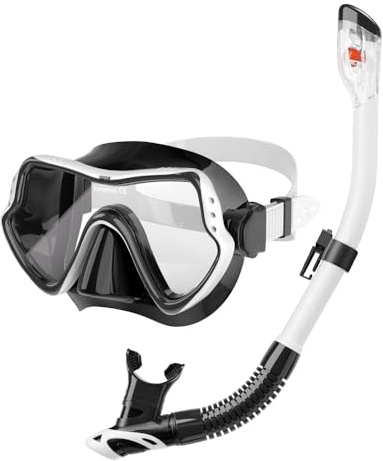 Schnorchelset Schnorcheln Set mit Schnorchel und Taucherbrille，wasserdichte Tauchmaske Anti-Fog Anti-Leck aus Gehärtetem Glas，mit 3-Kanal Premium Dry Schnorchel für Erwachsene (Weiß)