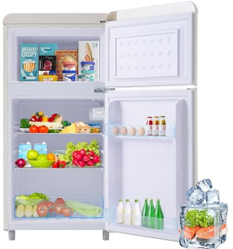 Frigo combiné avec congélateur supérieur,technologie à réfrigérant écologique,design rétro pratique,système de refroidissement rapide,bac à légumes transparent,pieds réglables pour stabilité (Blanc)
