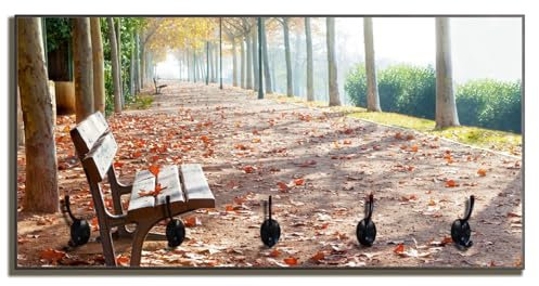 Wallario Wandgarderobe aus Holz in Größe 80 x 40 cm in Premium-Qualität, Motiv: Einsame Parkbank an einer Allee - Herbststimmung | 5 Kleiderhaken zum Aufhängen