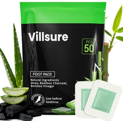 Villsure Cleansing Foot Pads Feature a Natural Herbal Formula, Fomprising Aloe Vera Bamboo Charcoal Sea Salt Bamboo Vinegar and Tourmaline, Suitable for Daily Relaxation, Best used Before Bedtime-50pc