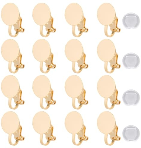 SUNNYCLUE 1 Box 16 Stück Ohrclip Konverter Aus Echtem 18 Karat Vergoldetem Messing Flache Rückseite Ohrringclips Runde Rohlinge Aus Metall Ohrschmuck Mit Silikonpad Für Nicht Durchstechenden Schmuck D