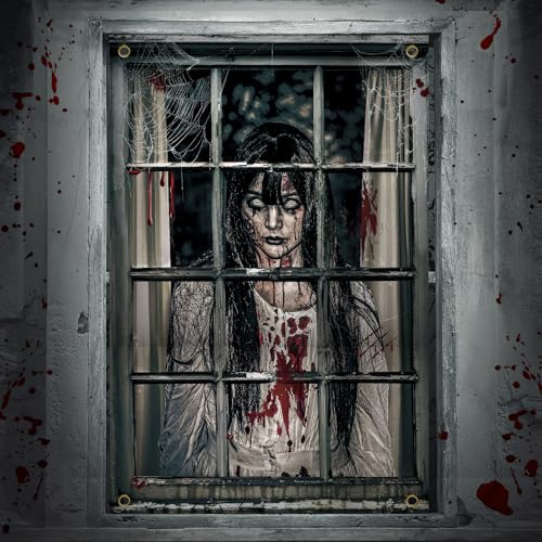 Halloween Horror Curtain Female Ghost Halloween Window Decorations Scary Window Door Cover Horror Skull Poster Indoor and Outdoor Party Decoration