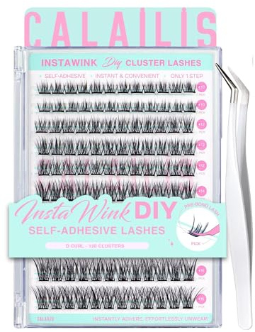 CALAILIS Pre Glued Cluster Lashes Self Adhesive Eyelashes No Glue Needed 120Pcs D Curl Reusable Pre Glued Eyelashes Wispy Cluster Lashes Kit with Tweezers for Beginners (ZBP08)