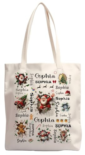 Bolsas de Navidad personalizadas, pared de ruptura, bolsa de lona con nombre para fiesta de Navidad, compras de comestibles, 15.75 x 13.4 pulgadas