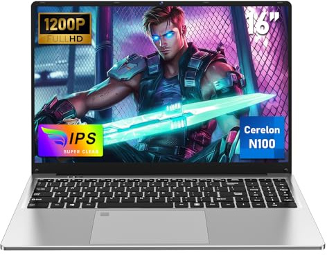 NAIKLULU 16 Pouces Ordinateur Portable Gaming, N100 Processor(1,0 à 3,4GHz) RAM 16GB SSD 1TB Pc Portable Gamer Laptop 2025 Computer, 1920X1200P/Clavier Complet Rétroéclairé/Webcam/Touchpad/6000Mah