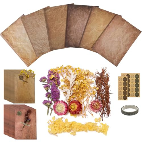 Daily Treasures 40Pcs Vintage Writing Paper and 30 Envelopes Set with Dried Flowers & Tape & Seal Stickers,Unique A5 Stationary Paper and Envelopes Set for Gifts Wedding Birthday Greeting Card(100GSM)