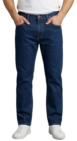 Mens Denim Jeans Straight Leg Regular Fit Trousers – Classic 5 Pocket Work Pants with Zip Fly – Casual Everyday Cotton Mix Denim Jeans Dark Blue 44/29