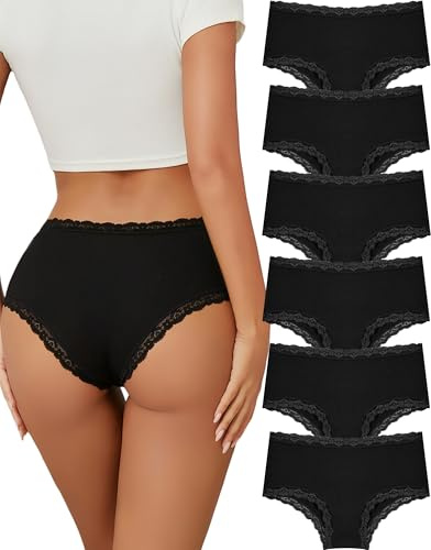 ALL OF ME Pack de 6 Bragas Mujer Algodon Stilo Brasileño con Encaje Cintura Media Transpirables Ropa Interior Mujer Cómoda Pack Múltiple XL