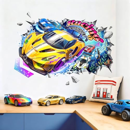 Tanlaby 3D Auto Wandtattoo Rennwagen Unterwasser Rennstrecke Zerbrochene | für Kinderzimmer Jungen Babyzimmer Jugendzimmer Wohnzimmer Schlafzimmer