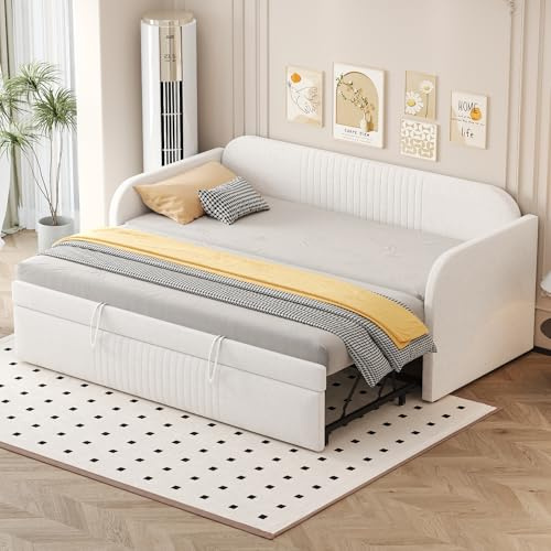 EMKK Polsterbett Sofabett, 90/180 * 190 cm, Schlafcouch Ausziehbar, Ausziehbett Gleiche Höhe, Multifunktionsbett, mit Vertikalen Streifen & Lattenrost, Leinenstoff, Ohne Matratze(Beige)