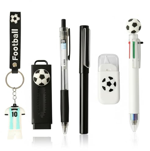 Hyleara Fußball Schreibwaren 6er Set, Kugelschreiber Set, Kugelschreiber 6-in-1Mehrfarbiger und Schwarz, Bleistift, Schlüsselanhänger, Korrekturroller, Radiergummi, Fußball Sachen für Büro und Schule