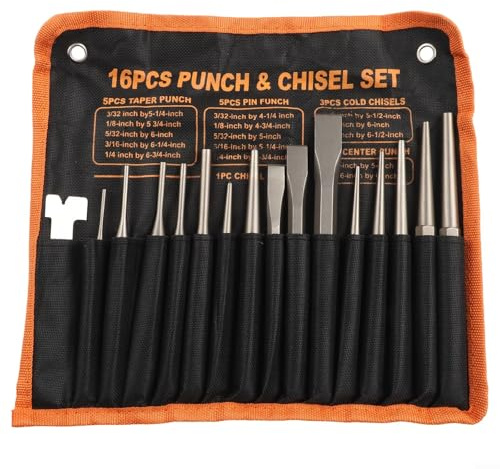 Lot de 12 burins et poinçons en métal avec sac de rangement suspendu, poinçon central en acier et burins de maçonnerie pour le travail du bois, la menuiserie, l'artisanat, la gravure et la mécanique