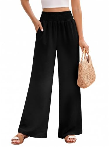 HEEKPEK Pantaloni Donna Estivi Leggeri Pantaloni Comodi Larghi Casual Elastico Vita Alta Solido Sciolto Lunghi Palazzo Pantaloni Gamba Dritta Casual Spiaggia Jogging con Tasche (Nero, XXL)