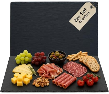 Schieferplatten eckig 30x40 cm Set aus 2 Servierplatten aus Schiefer für Käseplatte Tapasplatte Deko & HLKauf-Block