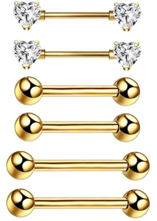 PanAcratis 3 Pair Gold Nipple Bars, Nipple Bars Gold Nipples Piercing Jewellery, Tongue Piercing Jewellery Heart-Shaped Nipplr Bar, 16g Nipples Piercings for Women Daily Accessories