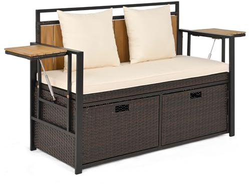 FANTASK Gartensofa mit Stauraum, 120 x 51 x 82 cm, 2-Sitzer Gartenbank mit klappbaren Seitenablagen & Kissen, Truhenbank wetterfeste, Balkonbank für Garten, Balkon, Terrasse (Beige)