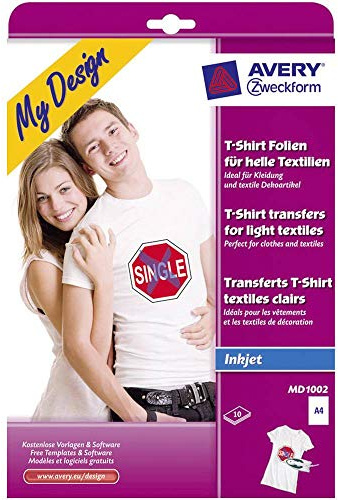 AVERY Zweckform MD1002 10 textilfolier, t-shirt självdesign, t-shirt tryck (strykfolie, ljusa textilier, DIN A4, tryckbar t-shirtfolie för strykning, överföringsfolie för bläckstråleskrivare)
