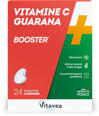 Vitavea - Vitamine C Guarana - booster sans sucre arome naturel fruits rouges - fabriqué en France - 24 comprimés à croquer