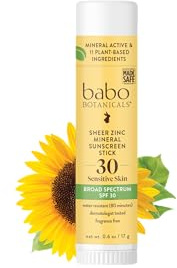 Babo Botanicals Sheer Zinc Mineral Sunscreen Sport Stick SPF30- Natural Zinc Oxide- Shea Butter- Fragrance-Free - Water Resistant - MADE SAFE Certified