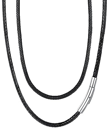 FaithHeart Mens Leather Necklace, 2mm/3mm Wax Rope Braided Leather Cord Necklaces 16/18/20/22/24/26/28/30 inches, Men's Black Rope Necklace(Gift Wrapped)