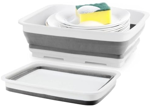 Garden Mile 7L Collapsible Washing Up Bowl – Foldable Sink Basin for Kitchen, Camping & Caravan – Space Saving Dish Tub with Handles, White & Grey