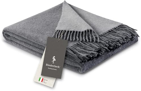 biederlack® weiche Kuscheldecke Wool-Mix grau-Silber, Plaid in 130x170 cm | Fransendecke aus Wolle & Kaschmir, GRS Zertifiziert, ideal geeignet als Sofa-Decke, Wohndecke in top Qualität, Made in Italy