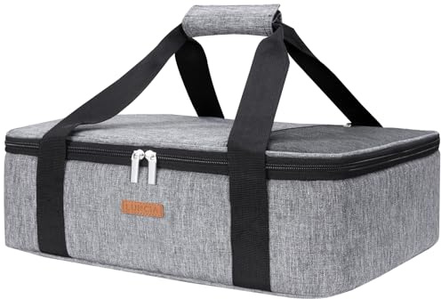 LUNCIA Insulated Single Decker Casserole Carrier, Lasagna Lugger Tote Keeps Food Hot or Cold, Thermal Lunch Bag for Potluck Parties, Picnic and Cookouts, Fits 9 x 13 Baking Dish, Grey
