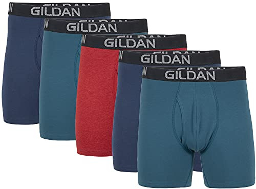 Gildan Men's Underwear Cotton Stretch Boxer Briefs, Multipack, Blue Cove/Hawaiian Blue/Heather Red Mark (4-Pack), Large