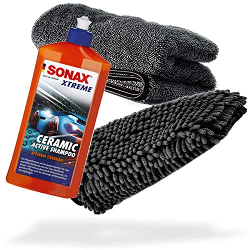 detailmate Auto Wasch- und Trockenset: SONAX XTREME Ceramic Active Shampoo 500ml + Chenille Waschhandschuh + Trockentuch 1000 GSM - Für die ideale Autowäsche