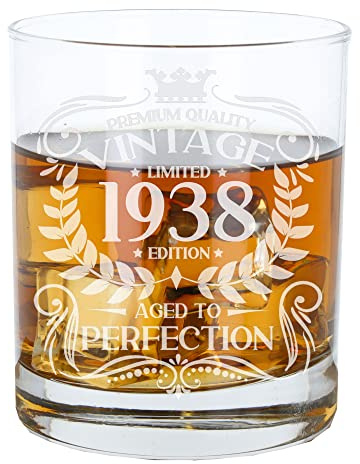 Always Looking Good Vaso de whisky grabado vintage de 1938 para hombres de 88 años grabado con texto en inglés Aged to Perfection