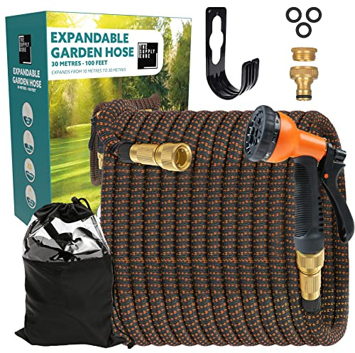 Supply Cube 100FT Expandable Garden Hose - Flexible Garden Hose with 8 Spray Modes - Anti-Leak Retractable Hose Pipe with 3/4 in. Brass Connector - Multi-Purpose Expanding Hose Pipe - Black & Orange