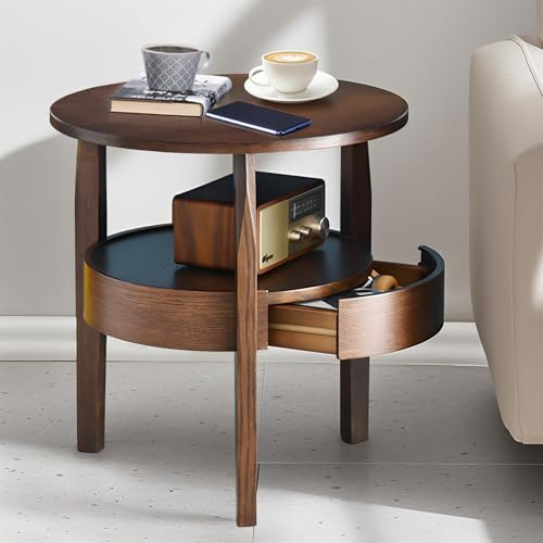 Caredear Runder Couchtisch mit Stauraum und versteckter Schublade, 50,8 cm D x 50,8 cm H, Naturholz, Beistelltisch mit Schiebeschublade, kleiner Couchtisch für Wohnzimmer, runder Nachttisch mit