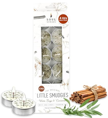 SOUL STICKS 12 Pack Little Smudgies Tealight Candles Smudge Candle for Cleansing House, Meditation, Chakra Healing | Made with Crystals and Herbs (White Sage & Cinnamon)